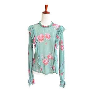 Know.One.Cares Green Top Floral Ruffle Long Sleeve Semi Sheer Shirt Couquette  S